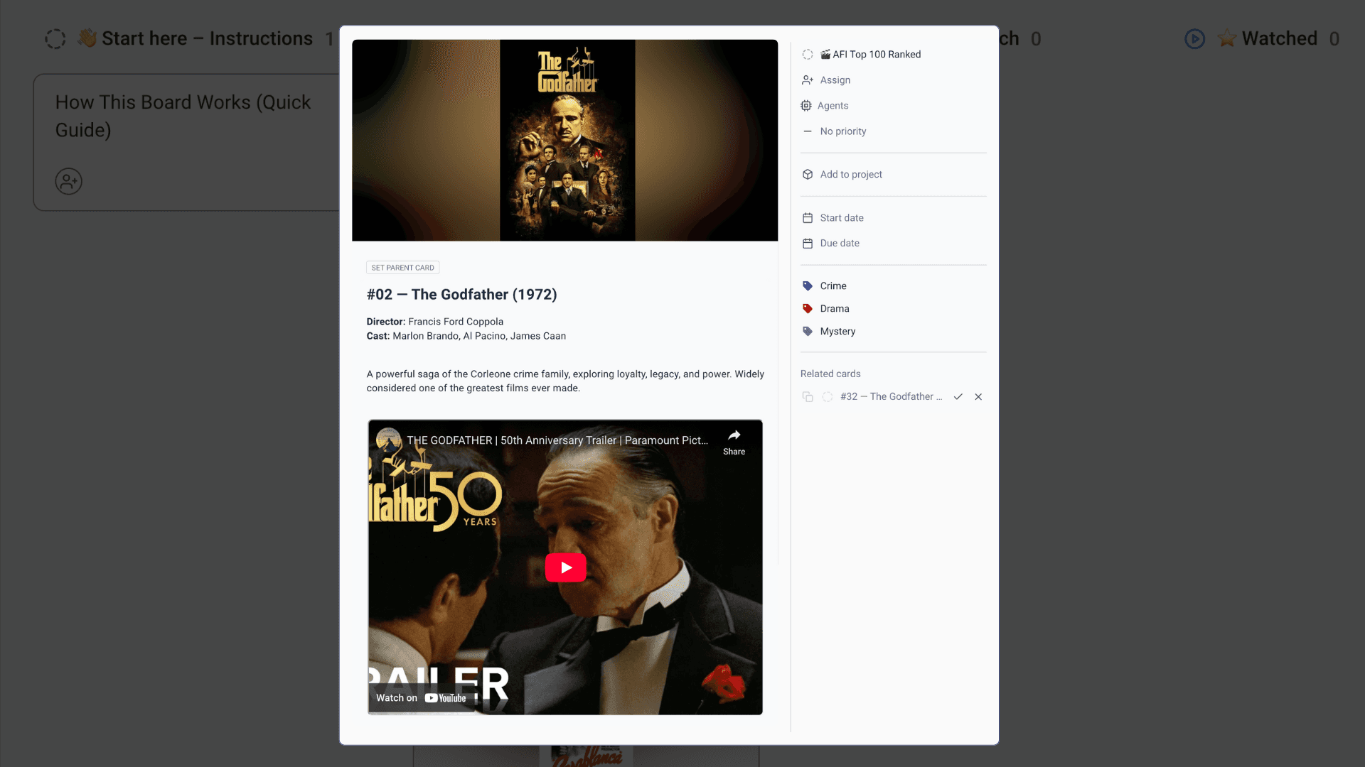The Godfather ranks No. 2 all time in AFI's Top 100 film ranking