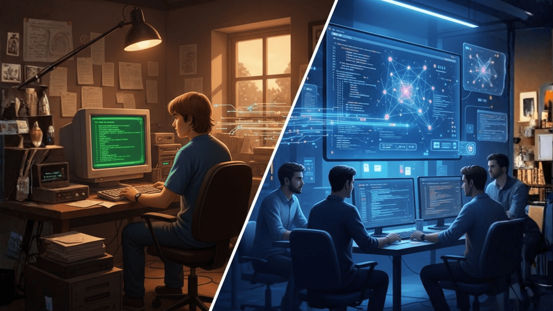 A cinematic 16:9 split-screen illustration depicting the evolution of software engineering. The left side features a nostalgic 1990s setting with warm, dim lighting, where a young programmer sits at a heavy CRT monitor coding in a green-text QBasic-style interface amidst stacks of paper. The right side transitions into a sleek, futuristic AI-first development workspace bathed in cool blue light, where a collaborative team of developers works on modern monitors. Large glowing wall displays feature complex neural network visualizations and real-time augmented code streams, with subtle data threads connecting the retro past to the high-performance, AI-driven present.