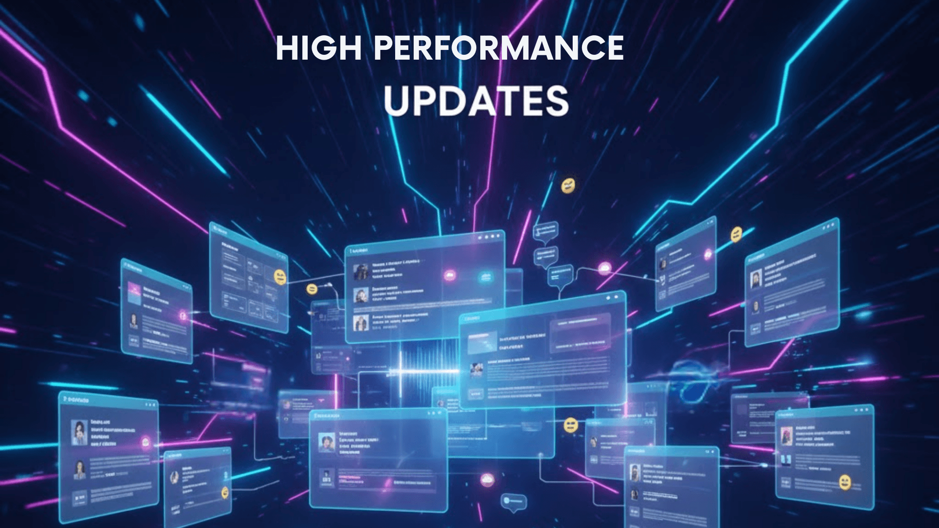 An abstract, 1:1 visualization (labeled with 1920x1080) representing a high-performance software update. At the center, a dense cluster of glowing, translucent interface panels and data blocks is interconnected by vibrant pink and blue digital pathways, suggesting a complex but organized system. Floating emoji reactions and chat bubbles surround the core, symbolizing real-time collaboration and user interaction. The entire structure sits atop a dark, reflective surface with neon circuit-like trails, set against a deep space-like background. Bold white text at the top reads "HIGH PERFORMANCE UPDATES."